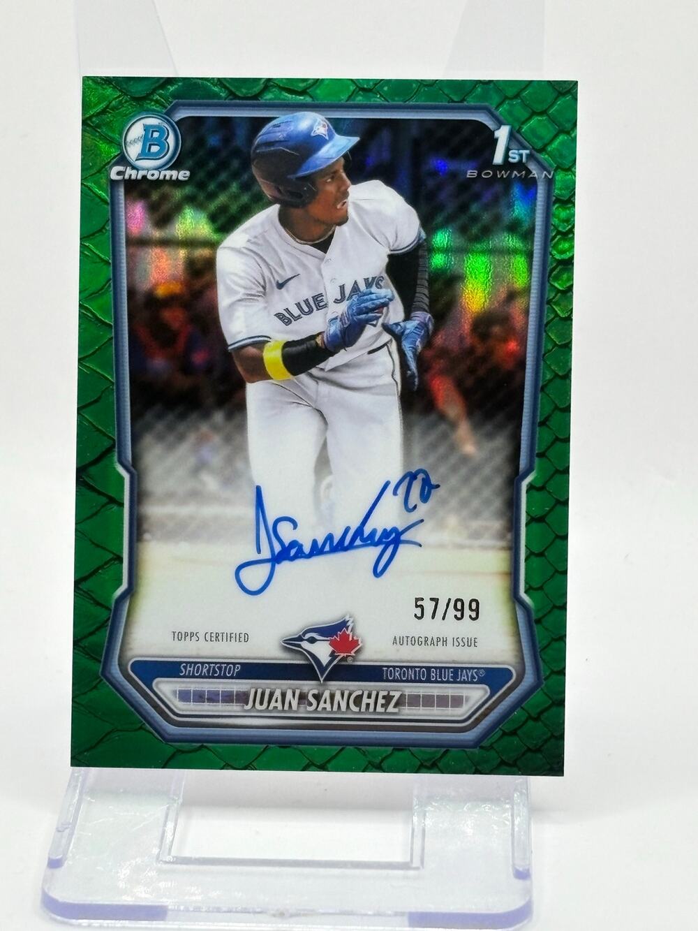 2026 Bowman Chrome Juan Sanchez 1st Green Reptilian Auto 57/99 SP Blue Jays